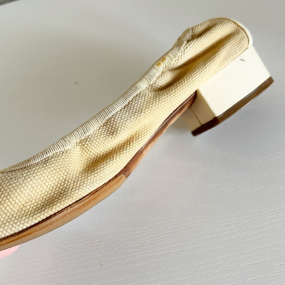 Chanel Low Block Heel Pumps Beige Fabric CC Cap Toe Bow EU 36.5C US 6.5 - Picture 10 of 14